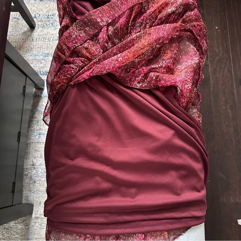 MSK Petite Floral Tiered Chiffon Dress PM Burgundy Romantic Boho Mini - Picture 11 of 13